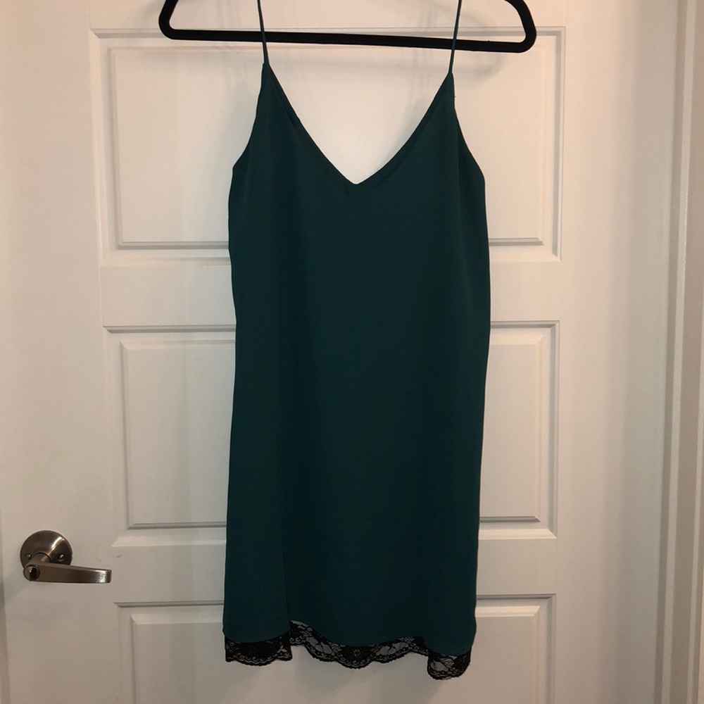 Teal slip dress with lace trimming